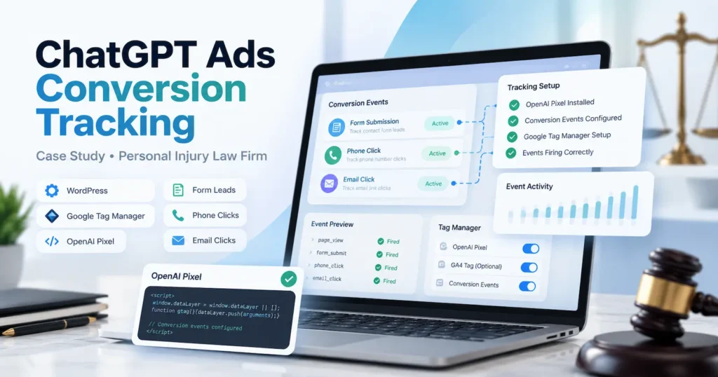ChatGPT Ads conversion tracking case study for a personal injury law firm, featuring OpenAI Pixel, Google Tag Manager, form submissions, phone clicks, and email click tracking.