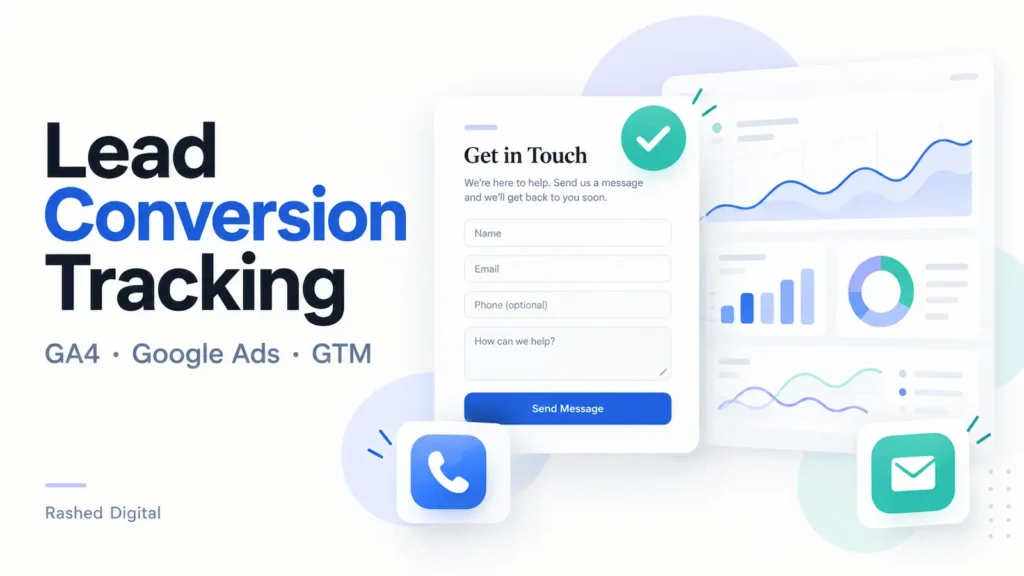 Lead conversion tracking illustration showing a contact form with a success checkmark, phone and email icons, and analytics charts beside GA4, Google Ads, and GTM text, branded Rashed Digital.