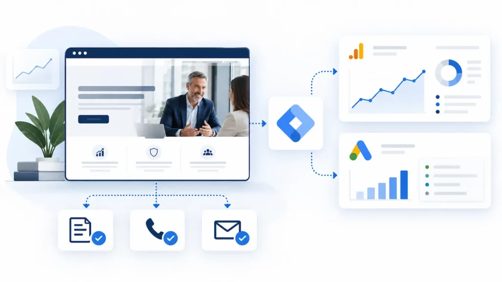 GA4, Google Tag Manager and Google Ads conversion tracking setup for a financial consulting website, including form submissions, phone clicks and email clicks.