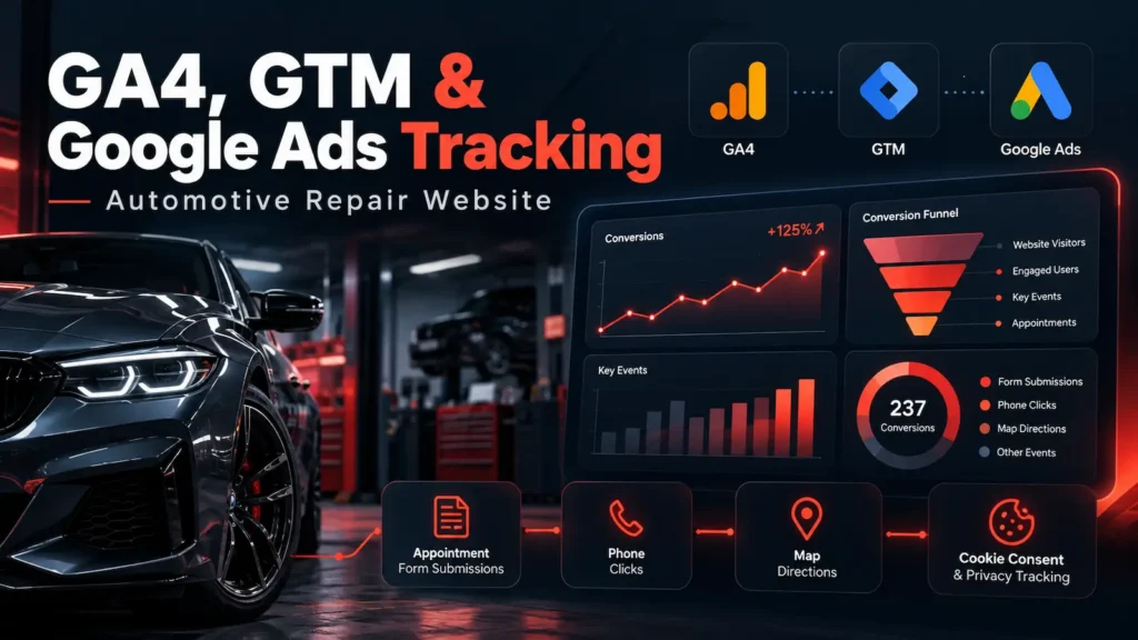 Dark-themed illustration of a modern car inside an automotive repair workshop, featuring GA4, Google Tag Manager, and Google Ads logos alongside analytics dashboards, conversion charts, appointment form submissions, phone clicks, Google Maps directions, and cookie consent tracking.
